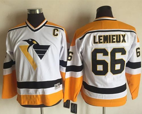 Penguins #66 Mario Lemieux White/Yellow CCM Throwback Stitched Youth NHL Jersey - Click Image to Close